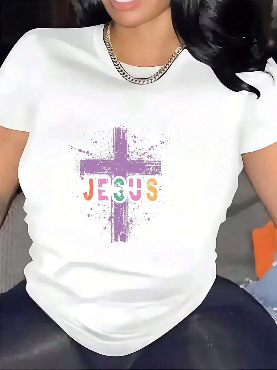 1 pieza de camiseta estampada de 180 g, adecuada para Pascua y reuniones familiares - diseño de colores vivos, ideal para regalos navideños y eventos religiosos. 180 g 100% algodón. - Blanco - Ver 1