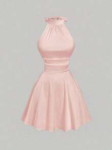 MOD Vestido mini con espalda descubierta, retorcido y fruncido en unicolor para mujer, vestidos de otoño para mujer, vestido, vestido, Acción de Gracias, vestidos elegantes para fiesta, vestido de invitada de boda, vestido de graduación, vestido de gala, vestido de noche elegante para boda - Rosa - Ver 2