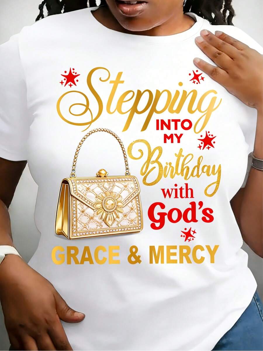 Retro-Style T-Shirt With The Phrase "Taking A Step Towards My Birthday With The Grace And Mercy Of God," A New Short-Sleeved T-Shirt For Women, Perfect For Daily Commuting And Casual Wear In Spring And Summer, Seasonal Fashion, Retro Design, Comfortable Fit, For - 白色 - 查看 1