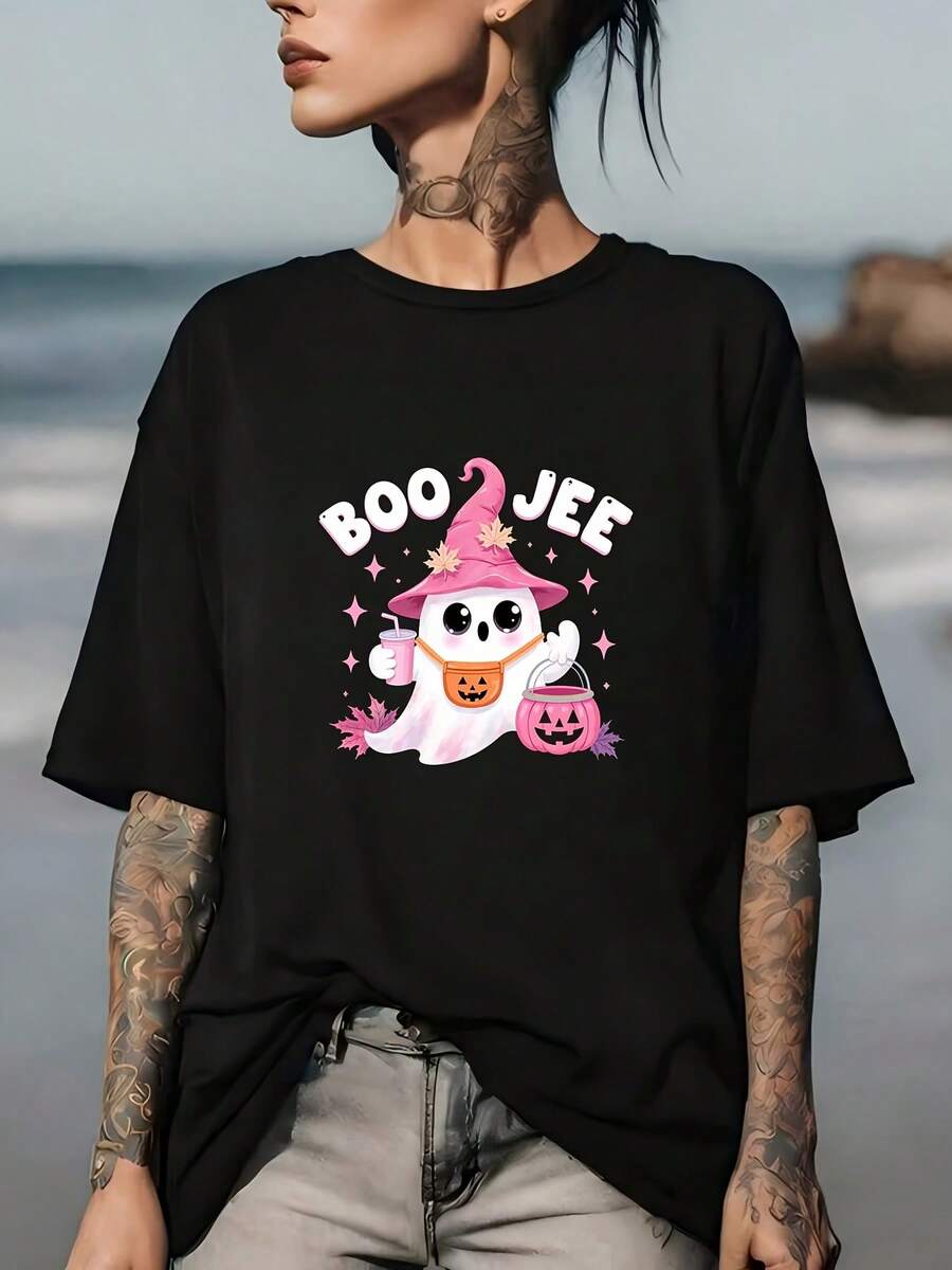 Camiseta Halloween Boo Jee de 180G, suave y cómoda, perfecta para reuniones familiares y fiestas de empresa, un regalo ideal para los fans del terror que aman Halloween. - Negro - Ver 1