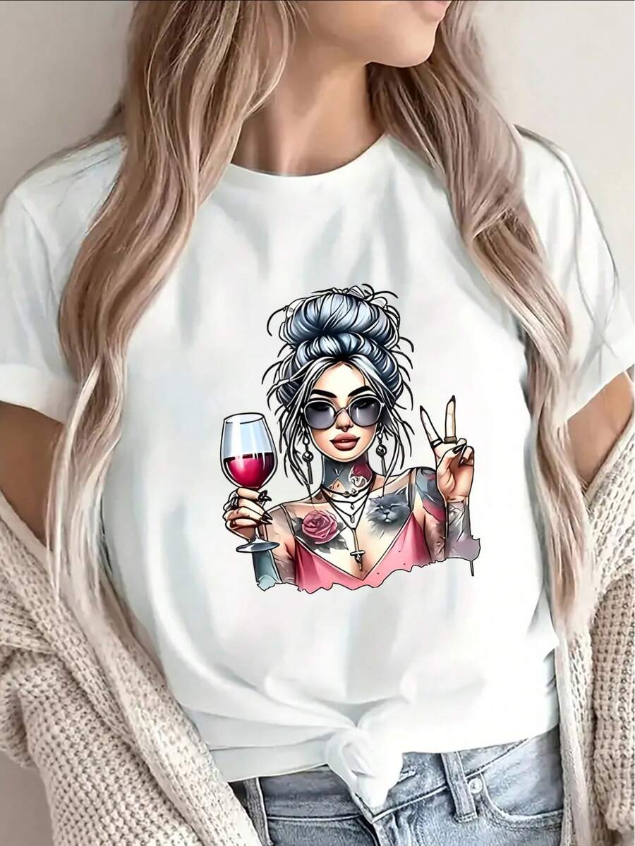 Camiseta de manga corta de poliéster para mujer, con un diseño de una mujer sosteniendo una copa de vino, ligera y duradera, adecuada para uso casual en casa o en restaurantes, con un diseño elegante que ofrece una experiencia cómoda en el día a día. - Blanco - Ver 1