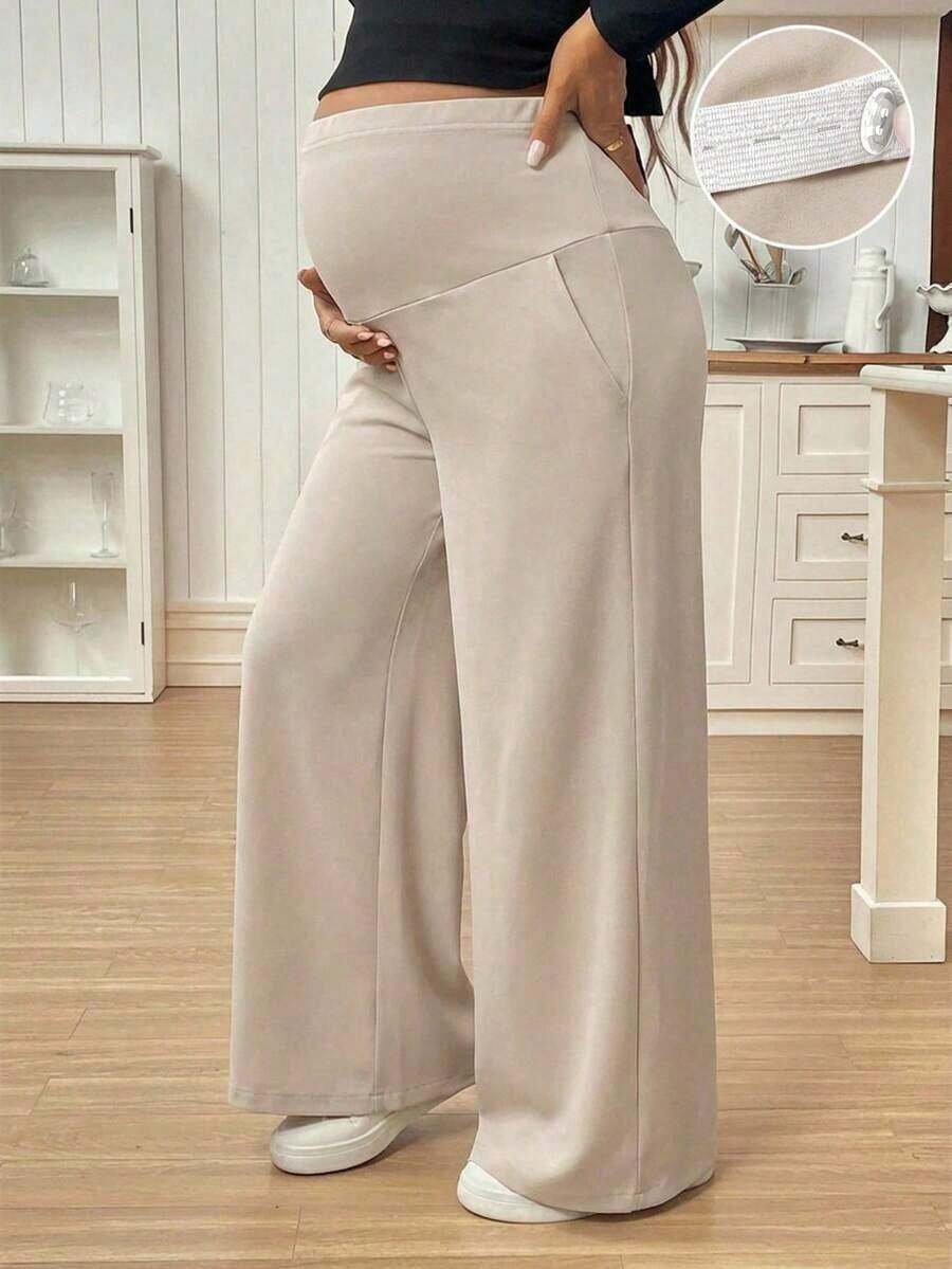 Pantalones casuales de unicolor con bolsillo para mujeres embarazadas, para uso diario - Albaricoque - Ver 1