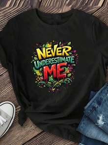 Boho Graphic T-Shirts With Graffiti Print For Women - Full Slogan: "NEVER UNDERESTIMATE MYSELF" - Women's Summer Clothing, Casual Short Sleeve Cotton T-Shirt, Fashionable Tops For Women, Loose Summer T-Shirts, Everyday Wear, A Bold T-Shirt For Music Festivals And Events. Suitable For Spring, Summer, And Autumn. - 黑色 - 查看 2