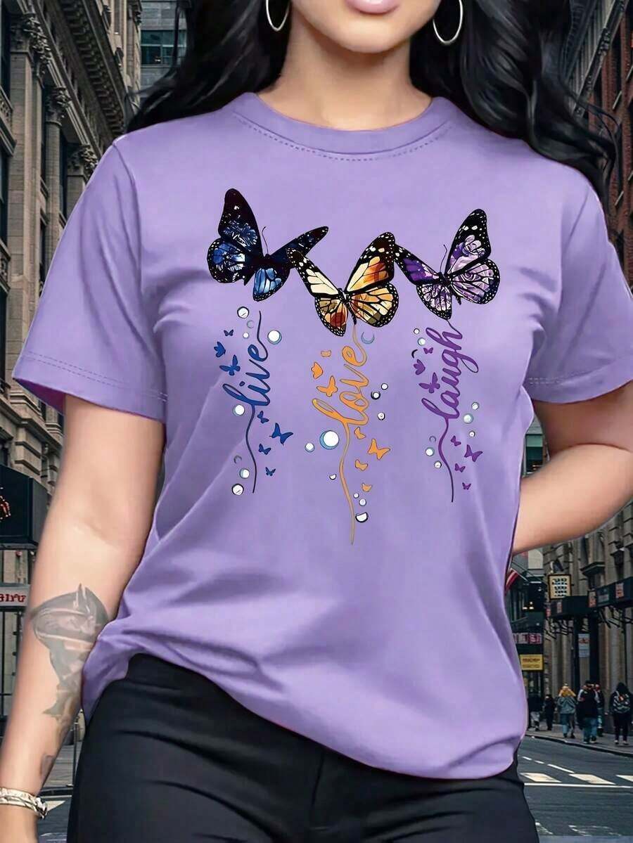 Camiseta de manga corta para mujer, estampado de mariposas coloridas y de ensueño, estilo vintage elegante, exquisito, lindo, sexy y dulce, cuello redondo, corte regular, regalo para mujer, regalo de cumpleaños, camiseta para ir al trabajo, camiseta para fiestas, tela suave y cómoda. - Morado - Ver 1