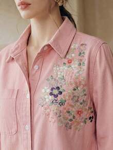 Camisa de mujer de manga larga con bordado floral elegante, romántica para fiestas, vacaciones, combina con jeans, primavera/verano - Rosa - Ver 8