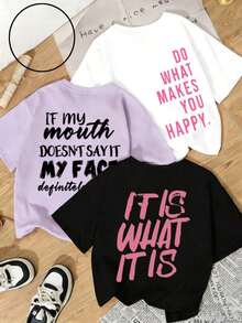 3-Piece Women's Short-Sleeve Crew Neck T-Shirt Set, Loose Fit, Casual And Cute Design, Ideal For Everyday Wear And Vacations. Women's 3-Piece Summer Set With Graphic Print Crew Neck T-Shirts. Suitable For Valentine's Day, Back To School, Teacher's Day, And Other Holidays. Casual, Soft, Loose, And Comfortable Short-Sleeve T-Shirts With Letter Print. | Exquisite Design | Loose And Comfortable | Easy To Match | - 白色 - 查看 2