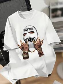 Camiseta de moda con estampado y hombros descubiertos, top casual de manga corta y cuello redondo para primavera/verano, ropa de mujer - Blanco - Ver 1