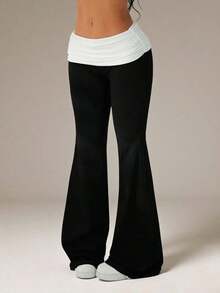 Pantalones acampanados con cintura plegable de color contrastante para mujer - Negro - Ver 5