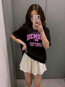 Camiseta de manga corta estampada para mujer joven, moderna y adecuada para el uso diario, sencilla y elegante. - Negro - Ver 6