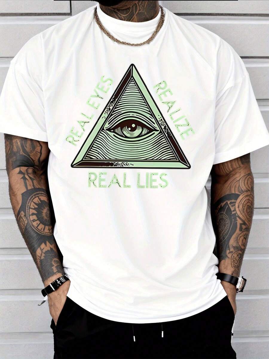 Camiseta de manga corta para hombre, estilo casual y moderno, con gráfico del Ojo que Todo lo Ve en forma de triángulo, "Real Eyes Realize Real Lies", estilo urbano, para adultos, ropa casual masculina. - Blanco - Ver 1