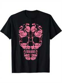 Limited Time Offer, Limited Quantities, Flash ! Women's Casual Shirts, Women's Polyester T-Shirts, Stylish Shirts. This Comfortable And Casual Short-Sleeved Crew Neck T-Shirt, Suitable For Both Men And Women, Features A Pink Flamingo Skull Design And Aims To Raise Awareness For Breast Cancer. - 黑色 - 查看 1