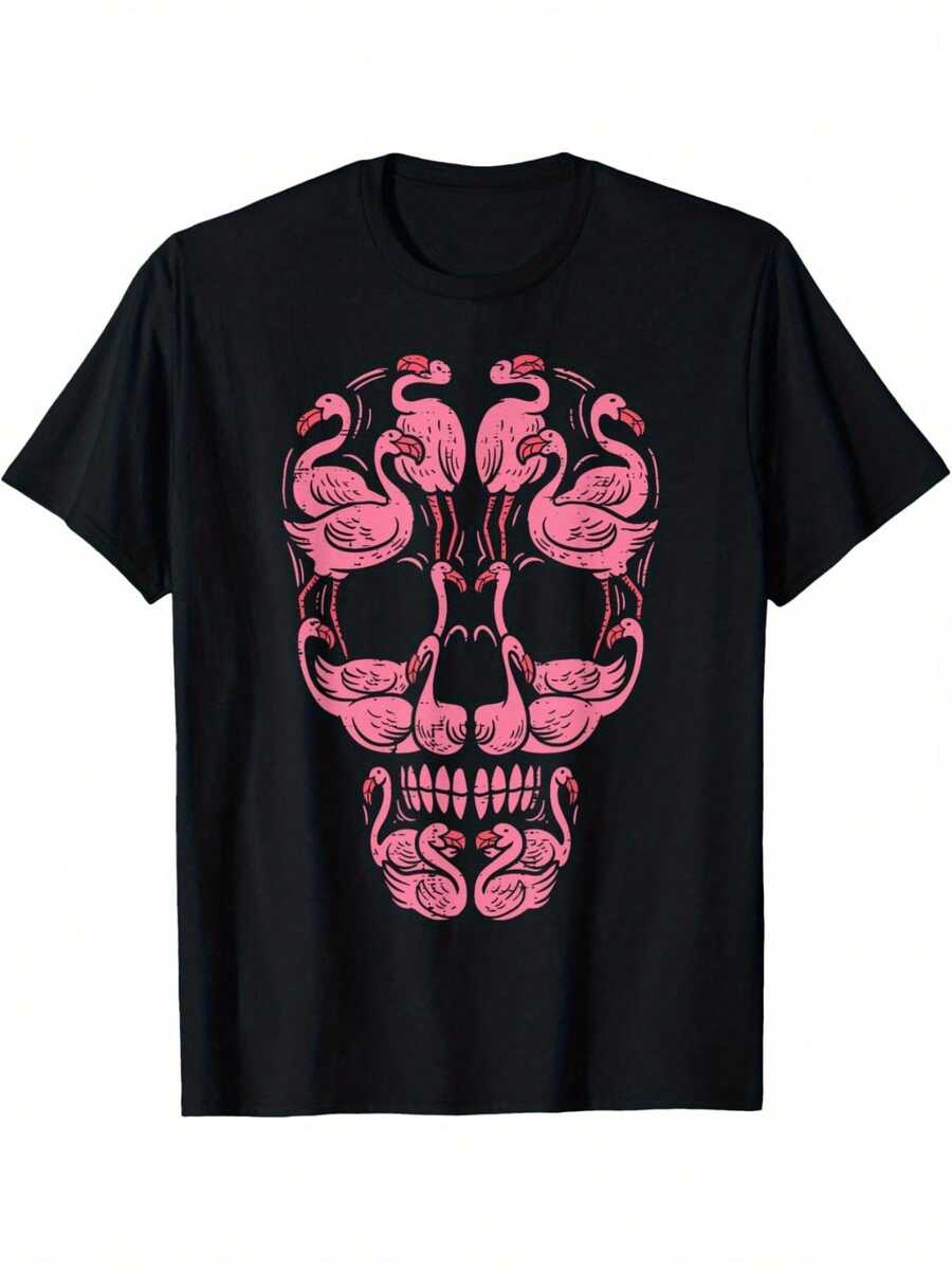 Limited Time Offer, Limited Quantities, Flash ! Women's Casual Shirts, Women's Polyester T-Shirts, Stylish Shirts. This Comfortable And Casual Short-Sleeved Crew Neck T-Shirt, Suitable For Both Men And Women, Features A Pink Flamingo Skull Design And Aims To Raise Awareness For Breast Cancer. - 黑色 - 查看 1