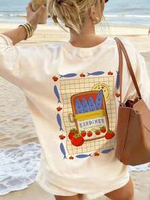 Women's T-Shirts With Sardine And Tomato Print On The Back, Loose Fit, Round Neck, Short Sleeve, Casual Style For Everyday Summer Wear. - 杏色 - 查看 3