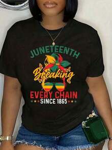 Playera de mujer con estampado "Juneteenth Breaking Every Chain Since 1865", manga corta, cuello redondo, para celebraciones y uso diario, estilo casual. - Negro - Ver 8