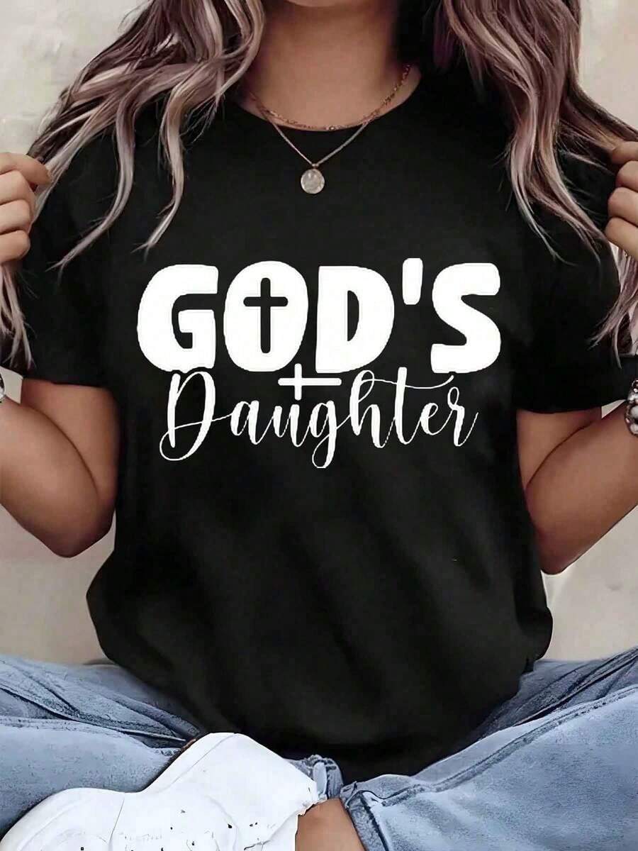 Soft, Breathable, And Lightweight For All-Day Comfort. Women's T-Shirt With A "Daughter Of God" Print, A Christian Statement Of Faith, Crew Neck, Short Sleeves, Casual Style, A Gift For Her, 220g. Classic Neckline With A Relaxed Fit That Flatters All Body Shapes And Is Easy To Pair With Jeans, Shorts, And Leggings. - 黑色 - 查看 1