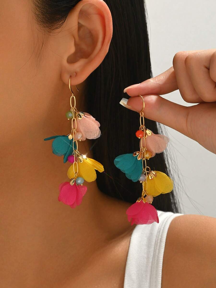 1 Pair Elegant Fabric Flower Long Earrings, Suitable For Daily Wear (Bead Color Random) - Color-e1339 - View 1