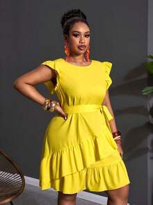 Vestido casual de talla grande con volantes en el bajo y unicolor - Amarillo - Ver 8