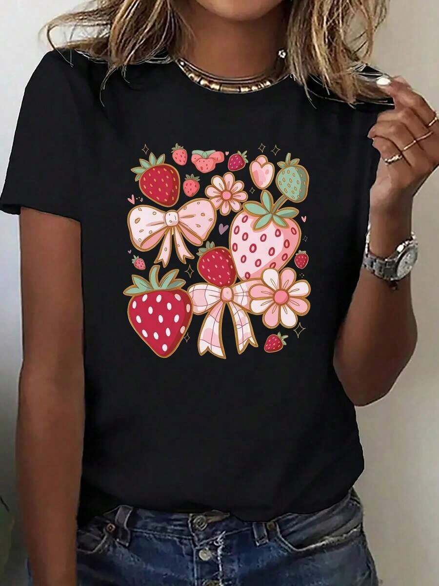 Women's & Men's Printed Short Sleeve T-Shirt, Round Neck, Strawberry Summer T-Shirt, Double Floral Bow, Cute Pet Theme Pattern, Casual And Short Sleeve Top. Comfortable Basic Autumn T-Shirt, Printed Short Sleeve T-Shirt For Outdoor Activities. - 黑色 - 查看 1