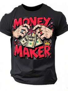 Men's Money Design T-Shirt - Dollar Bill And Chain Design, Bold Money And Success Theme, Soft And Breathable Fabric, Black With Pink Dollar Print, Loose Fit Urban Style T-Shirt, Suitable For Entrepreneurs, Business Owners And Everyday People - Casual Style - 黑色 - 查看 1