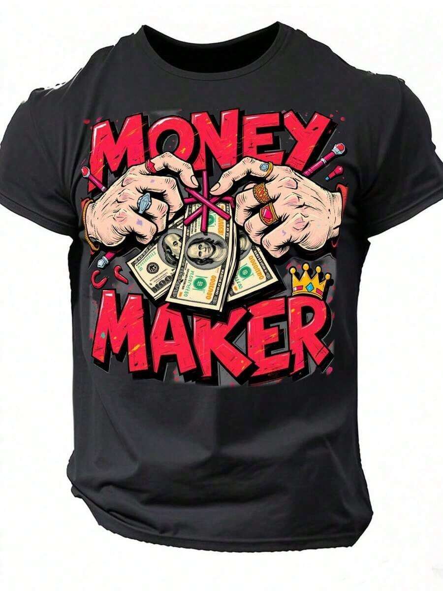 Men's Money Design T-Shirt - Dollar Bill And Chain Design, Bold Money And Success Theme, Soft And Breathable Fabric, Black With Pink Dollar Print, Loose Fit Urban Style T-Shirt, Suitable For Entrepreneurs, Business Owners And Everyday People - Casual Style - 黑色 - 查看 1