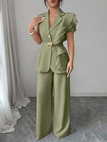 Elenzya Traje formal elegante de mujer color albaricoque, conjunto de blazer con cuello de volantes de organza con lentejuelas y cintura con lazo, que incluye chaqueta sin mangas y pantalones rectos, color burdeos, adecuado para Halloween, Navidad, Año Nuevo, ceremonia de graduación, boda y otras ocasiones. - Verde - Ver 3