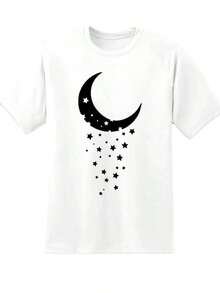 Women's Clothing Crescent Moon And Stars Print T-Shirt, Casual Loose Fit, Short Sleeve, Everyday Wear, Night Sky Themed Graphic Tee,  Summer Outfit, Women's Shirts - 白色 - 查看 2