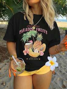 Nueva Colección Primavera/Verano: Camiseta de Mujer de Manga Corta con Estampado de Frutas Tropicales, Cuello Redondo, Casual, Cómoda, a la Moda y Estilizadora, 100% Algodón - Negro - Ver 1
