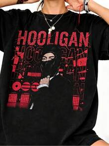 Gorro tipo pasamontañas unisex de estilo K-Pop y camiseta unisex de estilo vintage urbano, suave y cómoda, un artículo imprescindible de moda casual urbana, adecuado para todas las estaciones, versátil para cualquier época del año, asequible para el uso diario y un regalo de Navidad perfecto para fans y amigos. Una camiseta de manga corta adecuada para el hogar, el uso diario, fiestas y viajes, perfecta como regalo para amigos o familiares. - Negro - Ver 1