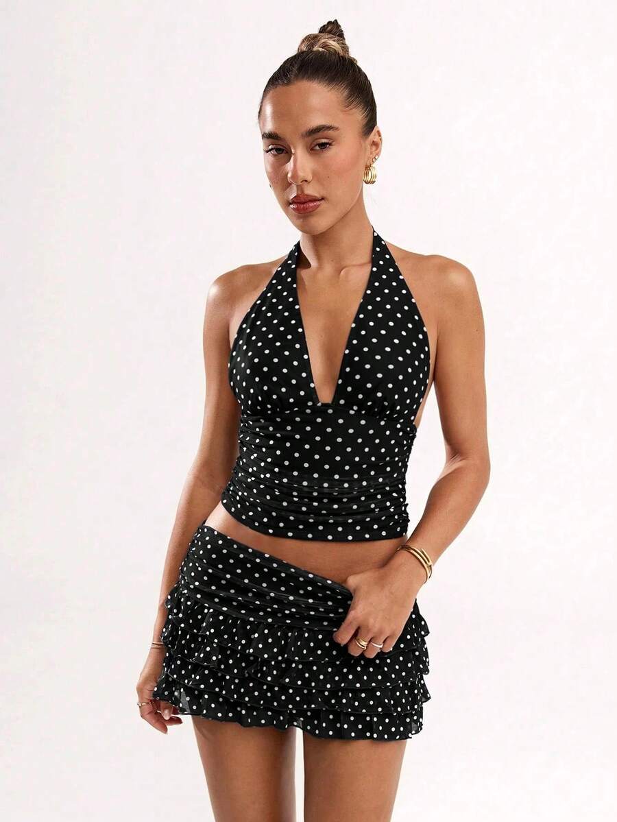 Coquette Vintage Polka Dot Halter Deep V Neck Ruched Top & Layered Ruffle Mini Skirt 2 Piece Set Y2K Going Out Beach Club Outfit - 黑色 - 查看 1