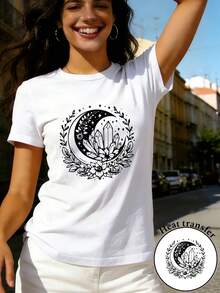Camiseta de manga corta para mujer, corte regular - Diseño geométrico 2D de luna y flores de cristal rodeadas de patrones impresos en una camiseta casual de manga corta y cuello redondo, adecuada para todas las estaciones, disponible en varios colores y tallas, moda festiva, estética vintage, material transpirable, estampado divertido. 15N8 - Blanco - Ver 6
