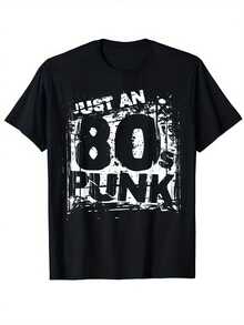 Men's 80s Punk Graphic T-Shirt - Classic Black, 80s Punk T-Shirt With 'JUST A 80s PUNK' Print, Loose Fit, Crew Neck, Casual Shirt For Concerts, Everyday Wear And Year-Round Vintage Style - 黑色 - 查看 6