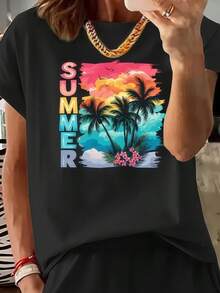 2026 Summer New Style, Colorful SUMMER Text With Coconut Tree Scenery, Casual Printed Round Neck Short Sleeve Top With Elastic Waist Pocket Shorts For Women - T-shirt - View 2