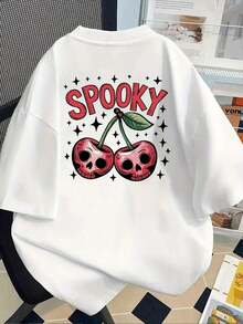 Camiseta de manga corta estampada con diseños frontales y traseros - Halloween, Calavera Cereza - Camiseta estampada de primavera/verano para mujer, artículo de moda, versátil y casual, transpirable y cómoda. - Blanco - Ver 1