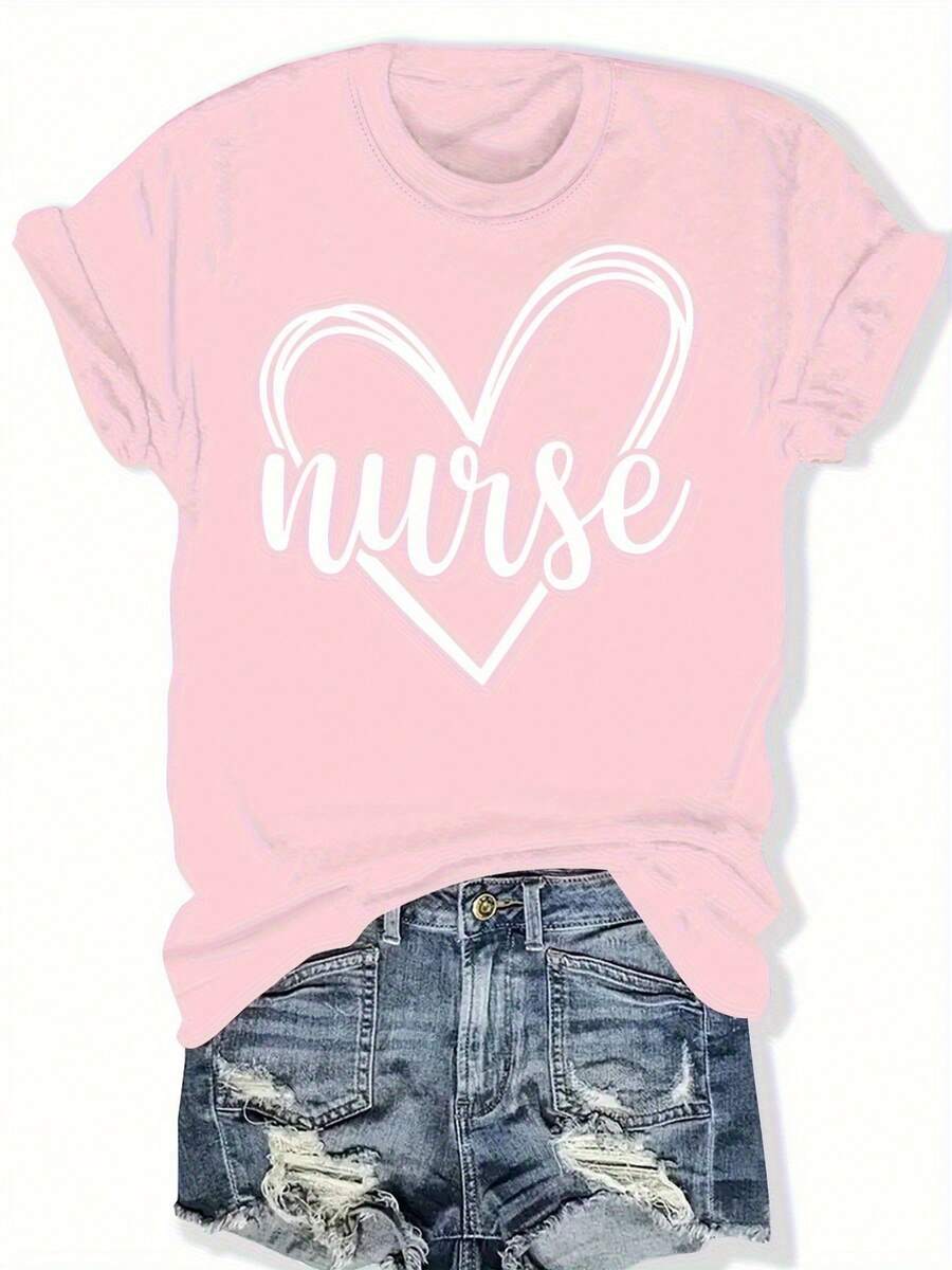 Loose-Fitting Short-Sleeved T-Shirt With A Heart Design, Perfect For Casual Wear In Spring And Summer, Available In Plus Sizes For Women. - Pink - View 1
