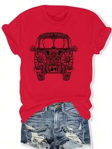 Camiseta estampada de diseño de nicho estilo , de manga corta y talla grande, top versátil para la calle en verano, top casual de cuello redondo, corte holgado y extragrande, para verano y primavera, ropa de mujer de talla grande. - Rojo - Ver 6