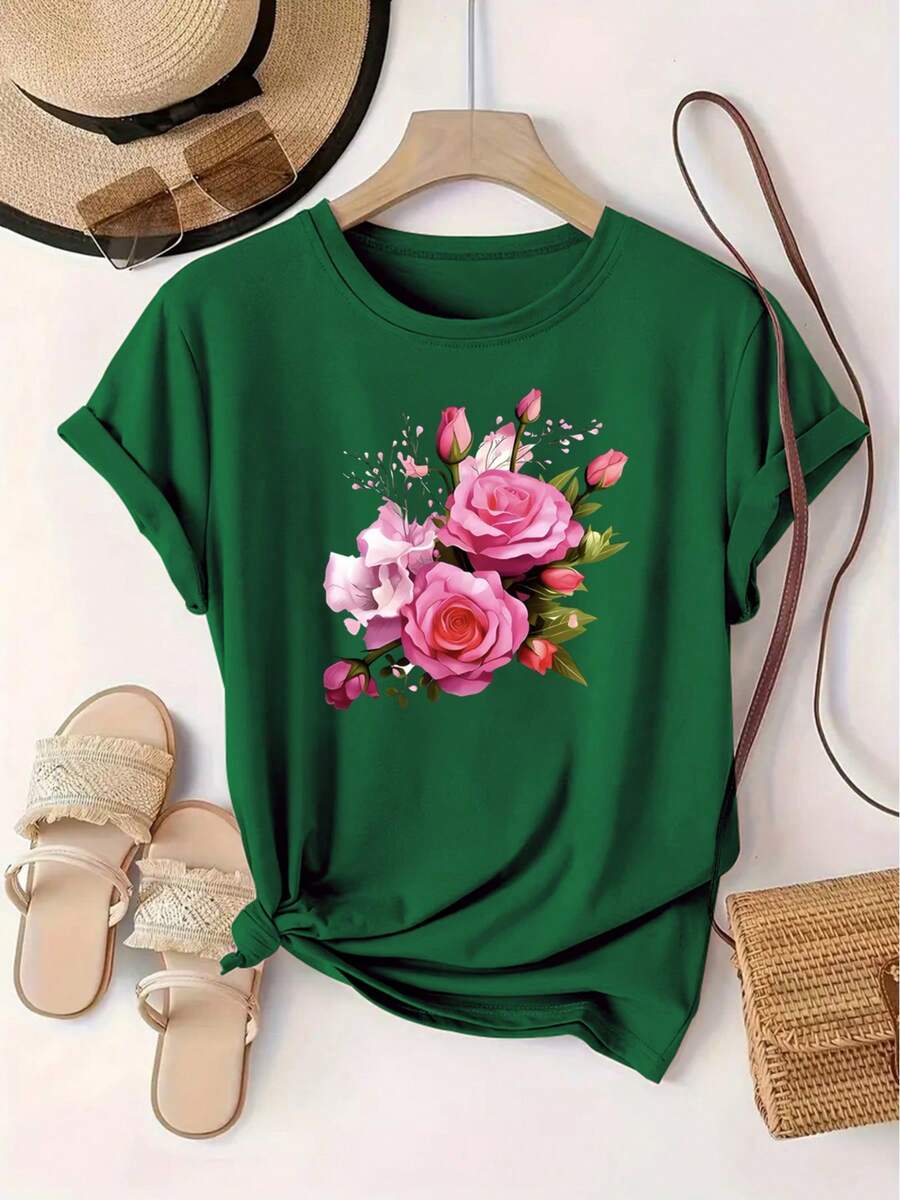 Camiseta de manga corta con cuello redondo y estampado floral, estilo europeo y americano, para mujer, estilo deportivo - Camiseta unisex de algodón holgada de manga corta y cuello redondo, estilo vintage urbano. - Verde - Ver 1
