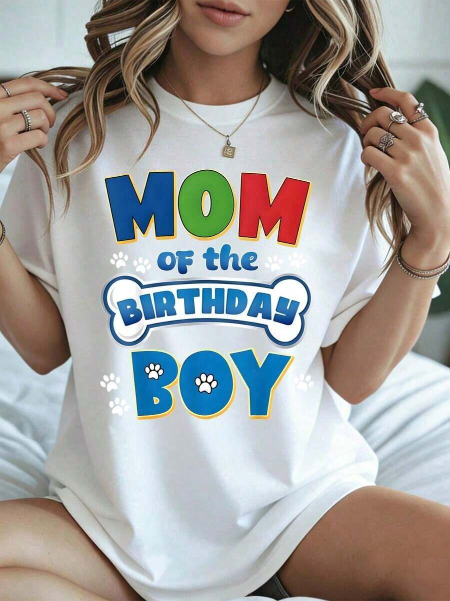 Elegante y casual para mujer, manga corta, camiseta "Mamá del Cumpleañero" con diseño de huella de perro, ropa casual blanca para el Día de la Madre, primavera y verano. - Blanco - Ver 1