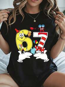 Elegante y casual para mujer, manga corta, camiseta de algodón, estampado de personajes D1r Seu1ss número 67, ropa casual blanca de verano. - Negro - Ver 1