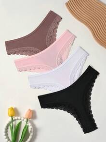 4pcs Women's White Lace Trim Ribbed Comfortable Ultra-Thin Breathable Minimalist Solid Color Thong - Multicolor - View 5
