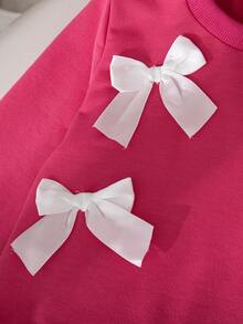 2 piezas Conjunto de ropa casual para niñas, diseño con lazo de unicolor, ajuste regular, cuello redondo, manga larga, top y pantalones, primavera/otoño - Rosa Fucsia - Ver 4