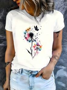 Playera de Manga Corta para Mujer con Estampado de Diente de León en Acuarela, Camiseta Casual Blanca con Gráfico de Mariposa, Top Fresco de Verano - Negro - Ver 2