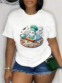 Camiseta de manga corta para mujer - Camiseta casual de manga corta para mujer con estampado divertido de repostería con gorro de chef y diseño de pastelería, tela elástica, top de cuello redondo semitransparente para comodidad en todas las estaciones (lavable aáquina), atuendo, camiseta con gráfico, camiseta de tela elástica. - Blanco - Ver 6