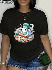Women's Short Sleeve T-Shirt - Women's Casual Short Sleeve T-Shirt With Fun Pastry Print With Chef Hat And Baking Design, Stretch Fabric, Semi-Sheer Crew Neck Top For All Seasons Comfort (Machine Washable), Outfit, Graphic T-Shirt, Stretch Fabric T-Shirt. - 黑色 - 查看 6