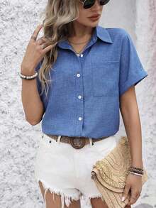 Camisa informal de mujer con cuello de H, blusas de manga corta - Azul - Ver 5