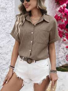 Camisa informal de mujer con cuello de H, blusas de manga corta - Caqui - Ver 7