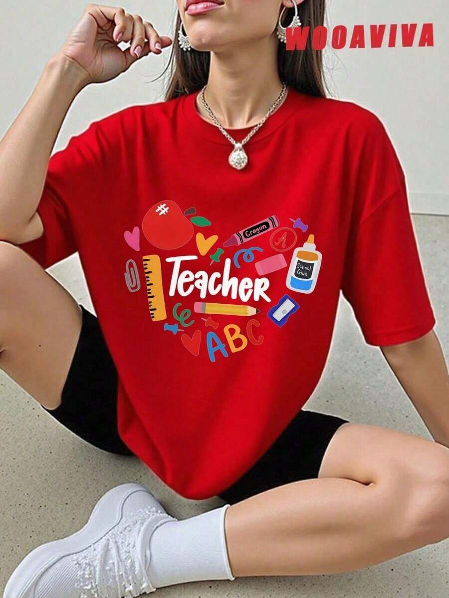 Ropa Curvy en Oferta y  WOOAVIVA Camiseta de Mujer de Talla Grande, Suave, 100% Algodón, a la Moda para Verano, Estilo Y2K Cleanfit, Casual, Ajustada, Colorida, Diseño Maestro ABC, Regalo Perfecto para Maestros, Profesores Escolares, Regreso a Clases, Agradecimiento a Maestros, Casual, Perfecta para Todas las Temporadas, Camisetas para Mujer Y2K