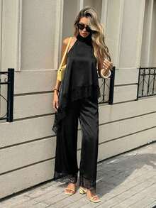 Conjunto de 2 piezas de top halter con dobladillo asimétrico de encaje en contraste y pantalones para mujer - Negro - Ver 5