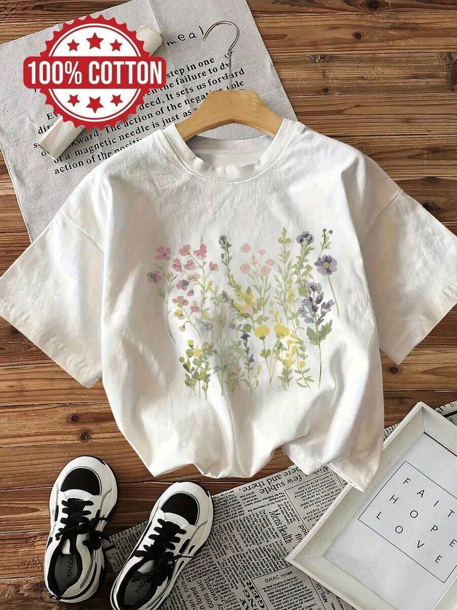Camisetas Ligeras con Estampados Gráficos - Estilo Fresco de Verano, Estampado de Flores Silvestres y Hojas, Manga Corta, Cuello Redondo, Camiseta 100% Algodón, Opción Popular. - Blanco - Ver 1
