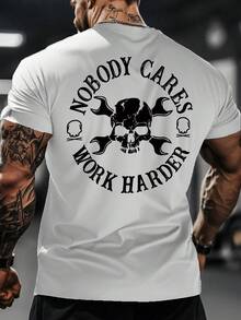 New Men's Casual Sports T-Shirt For Spring/Summer - Lightweight And Comfortable, Featuring A Skull And Key Design And The Phrase 'NOBODY CARES WORK HARDER'. Ideal For Casual Everyday Wear, Sports Activities, And Gym Sessions, Comfortable And Loose. - 白色 - 查看 9