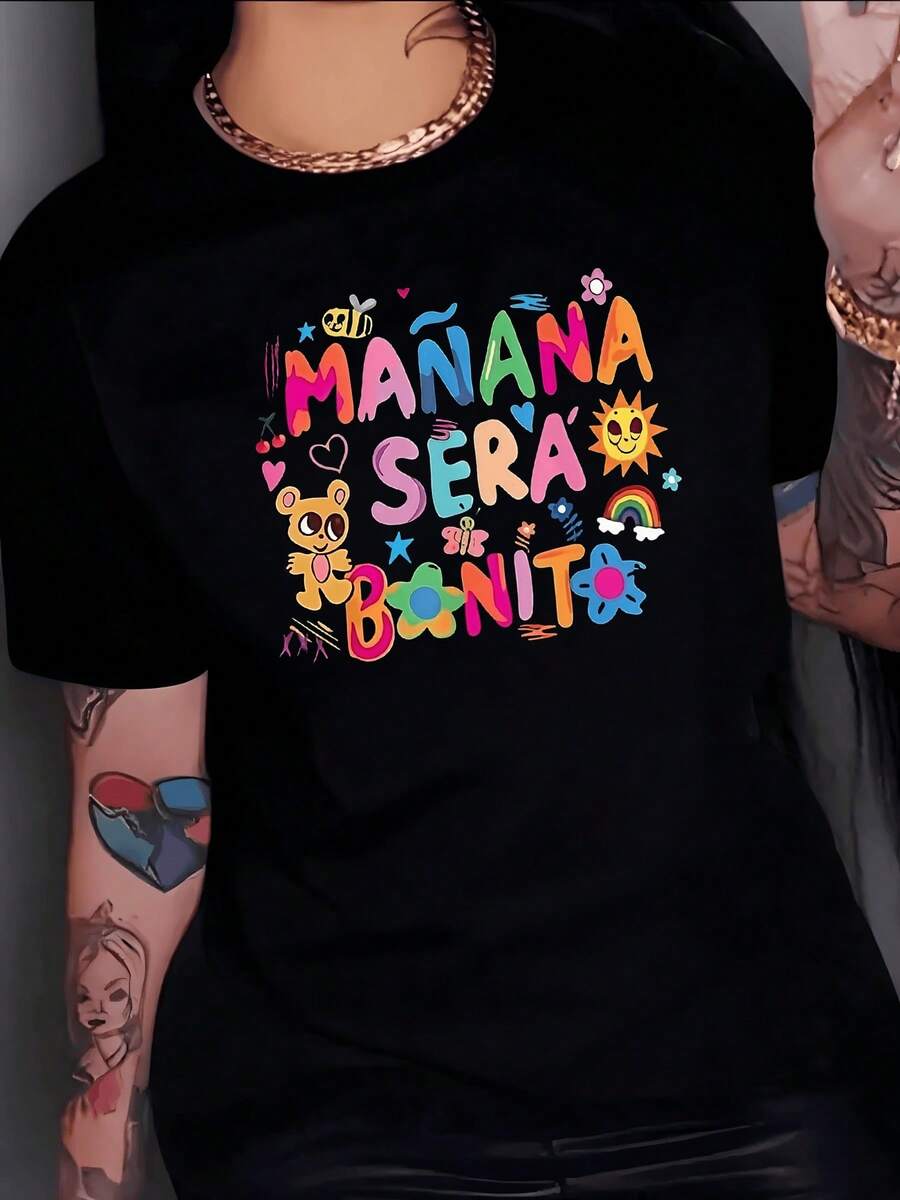 Colorful Phrases With An Optimistic Message Accompanied By Drawings Of A Rainbow Teddy Bear, Sun, Bees And Hearts That Convey Joy, Positive Energy And Hope. Modern Casual Women's T-Shirt - 黑色 - 查看 1